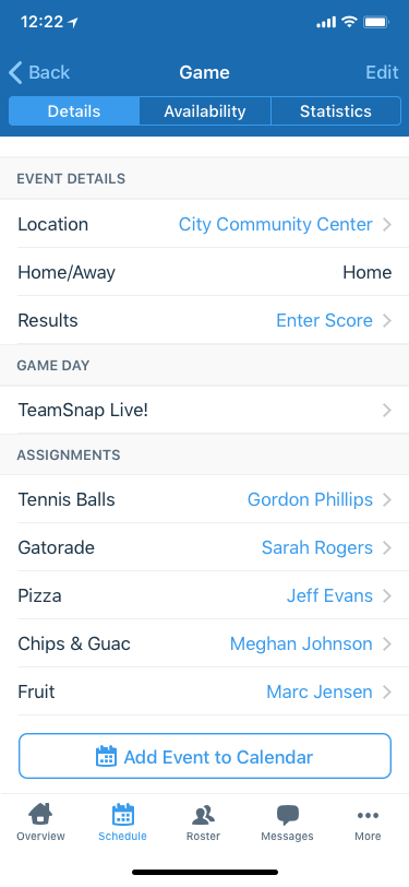 TeamSnap game details screenshot from the app